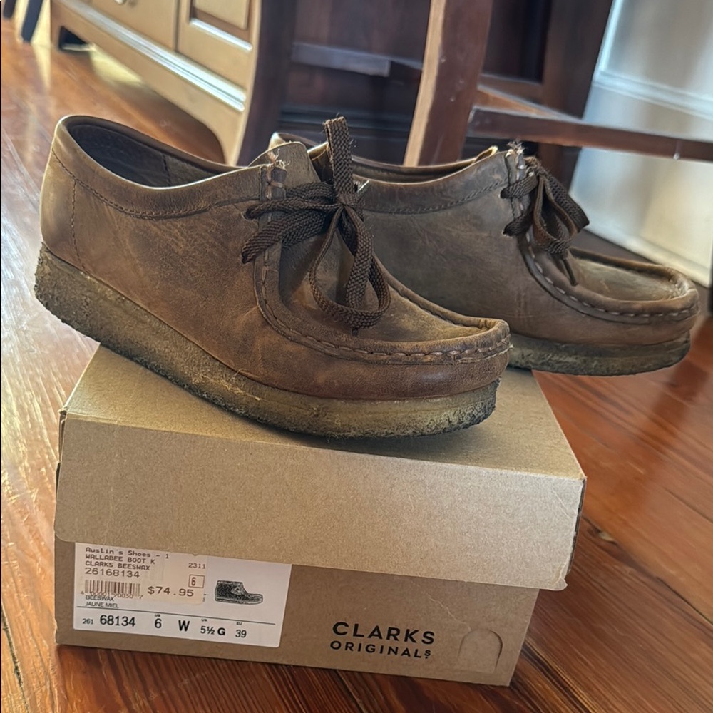 Boys Clarks Wallabee boots in beeswax color